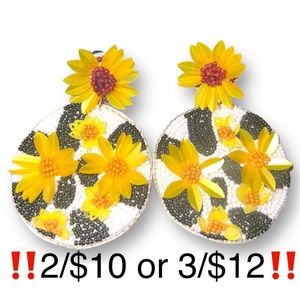 Sunflower Cow Print Seed Bead Post Back Statement Earrings, Yellow & Black/White